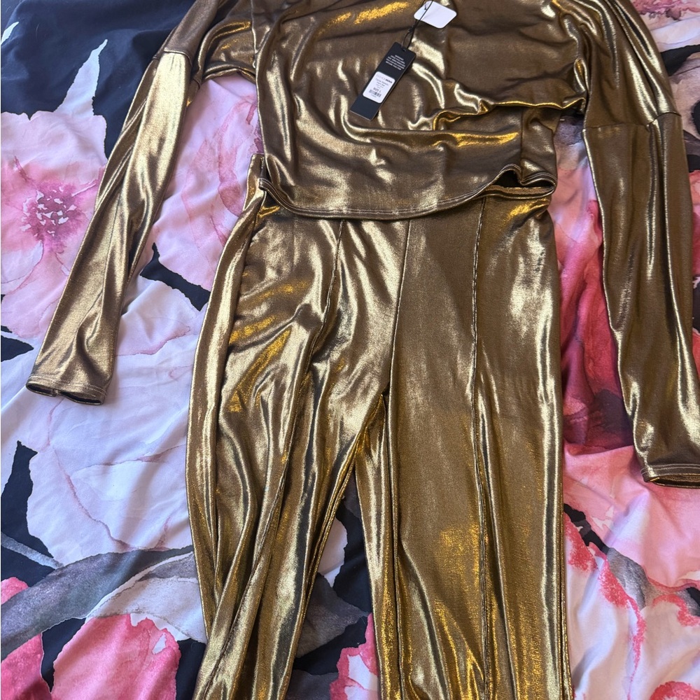 Fashion Nova Shimmering Gold Off-Shoulder Jumpsuit - Picture 2 of 2